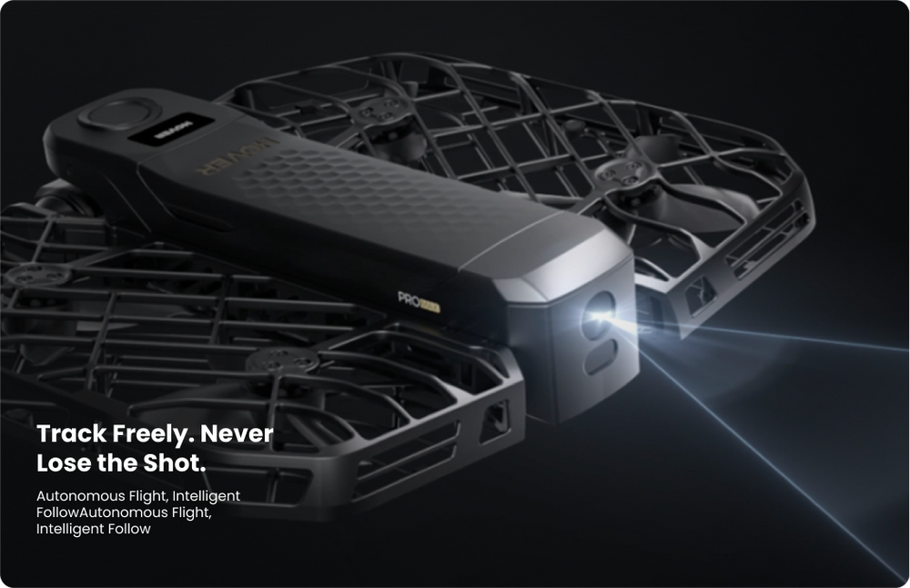 A close-up of the HOVERAir X1 PROMAX with a stylized light beam projecting from its sensor to visualize its autonomous tracking capabilities.
