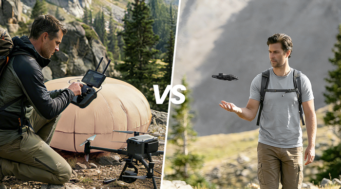 A comparison showing a complex professional drone setup versus a portable flying camera launching from a hiker's palm.