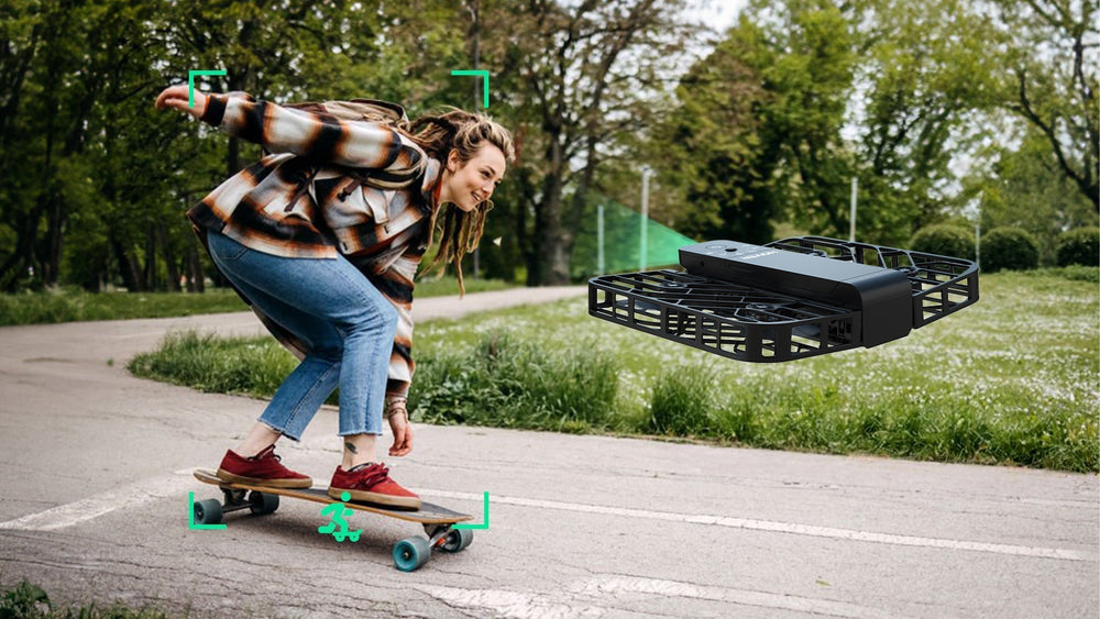 A girl is skateboarding with a drone