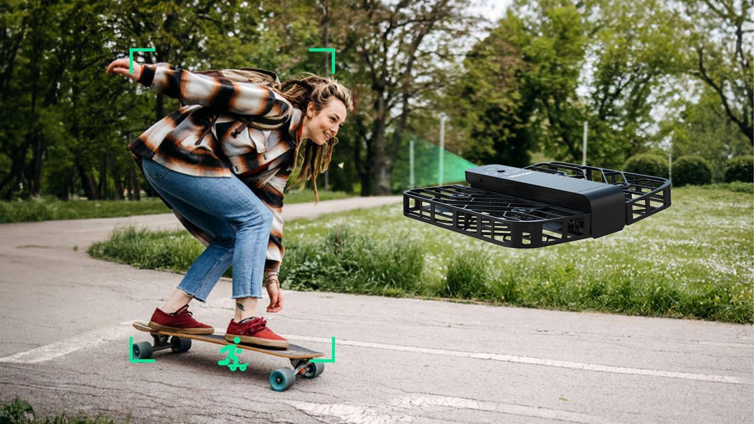 A girl is skateboarding with a drone
