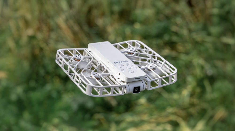 A white HOVERAir X1 drone