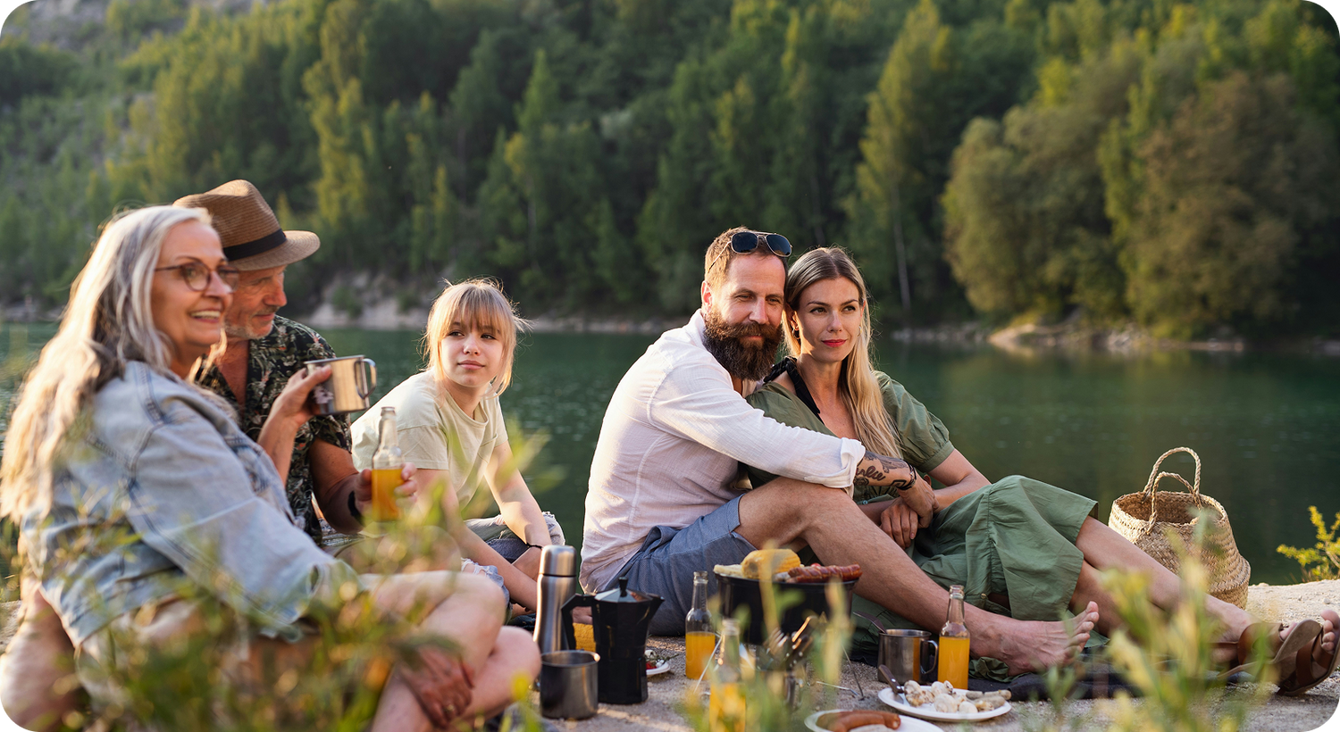 Family lakeside picnic